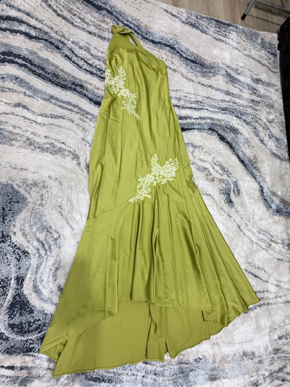 Hello Molly Olive Green One-Shoulder High-Low Dress with Lace Appliqué